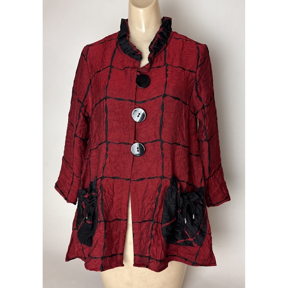 Ali Miles Womens S Red Black Crinkle Wearable Art Lagenlook Jacket Blouse top